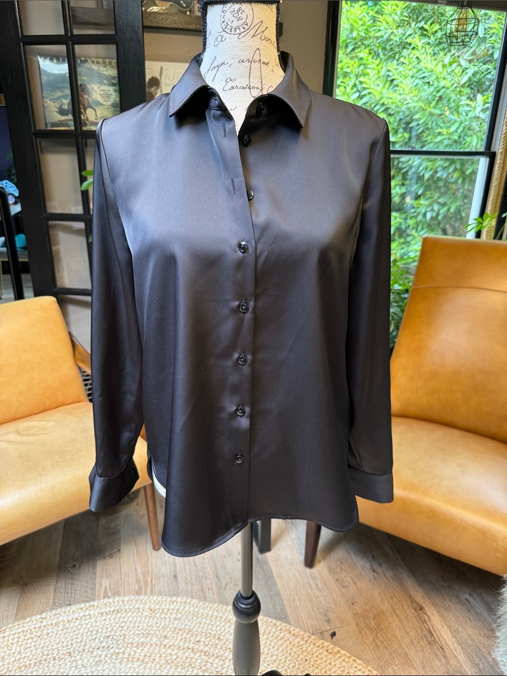 Lightweight Black Satin Button-Down Shirt